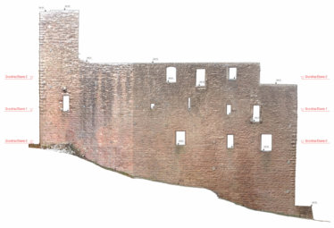 2D-Plan-Orthofoto-Punktwolke-Fassadenansicht-Fassadenplan-Strichzeichnung-3D-Denkmal-Vermessung-per-Drohne-Laserscanning-Denkmalschutz-Burg-Freienstein-2