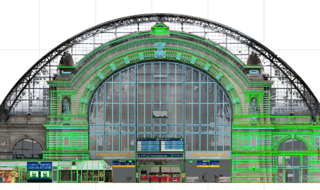 Hauptbahnhof-Frankfurt-am-Main-Fassadenplan-mit-Orthofoto-Vermessung-Inspektion-per-Drohne