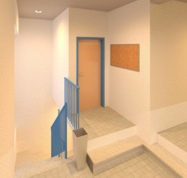 Treppenaufgang-Treppenhaus-Tuer-Gelaender-Rendering-texturiertes-3D-Modell-nach-Modellierung-der-3D-Punktwolke-3D-Modellierung