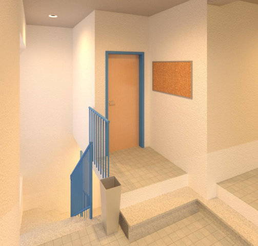 3D-Modellierung-3D-Modell-Rendering-Autodesk-3ds-Max-Treppe-Treppenhaus-2 Treppenaufgang-Treppenhaus-Tuer-Gelaender-Rendering-texturiertes-3D-Modell-nach-Modellierung-der-3D-Punktwolke-3D-Modellierung