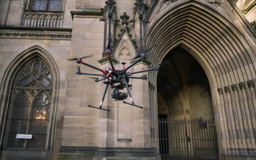 3D Denkmalvermessung mittels Drohne: Gebäudeaufnahme der Elisabethenkirche in Basel zur Restaurierung