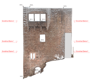 Fassaden-Ansicht-mit-farbiger-Punktwolke-CAD-Plan-CAD-Modellierung-Fassadenplan-Fassadenansicht-Ergebnis-3D-Drohnenvermessung-einer-Burgruine-Burg-Vermessung