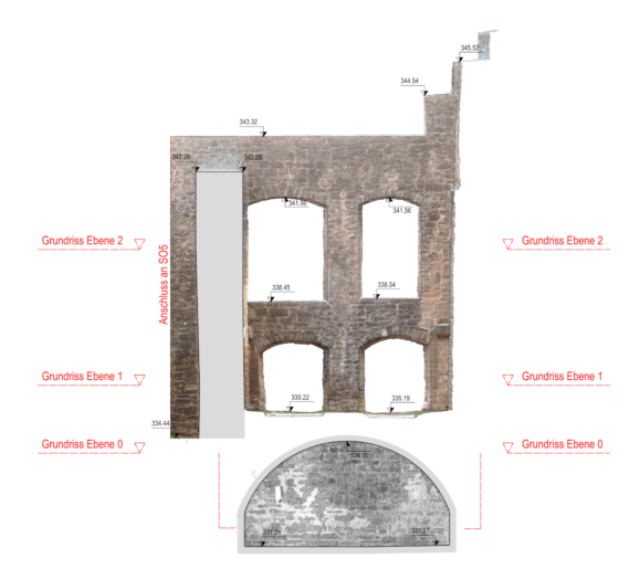 Fassaden-Ansicht-mit-farbiger-Punktwolke-CAD-Plan-CAD-Modellierung-Fassadenplan-Fassadenansicht-Ergebnis-3D-Drohnenvermessung-einer-Burgruine-Burg-Vermessung