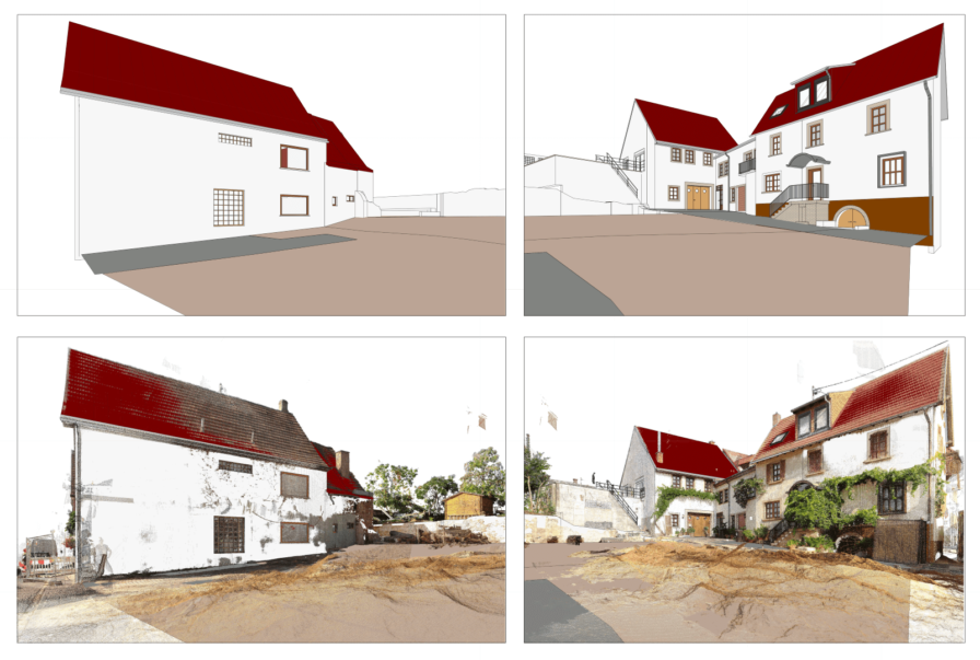 Ansicht-3D-Modell-und-3DPunktwolke-Kombinierte-3D-Gebaeudeaufnahme-Drohne-Laserscanner-Weingut-Pfalz